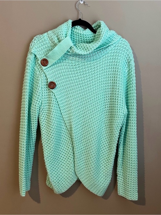 Zenana Outfitters Sweaters - Women’s Waffle Knit Sweater Loose Turtleneck Top Button Wrap Teal
